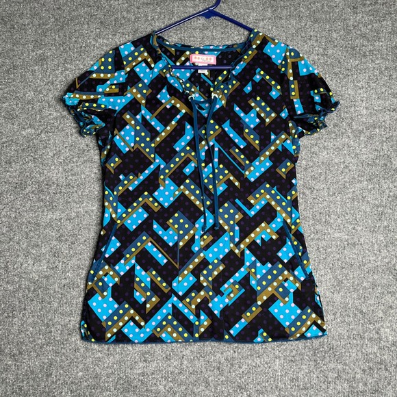 Koi By Kathy Peterson Tops - Koi by Kathy Peterson Scrub Top Small Blue Geometric Polka Dot Lace Up